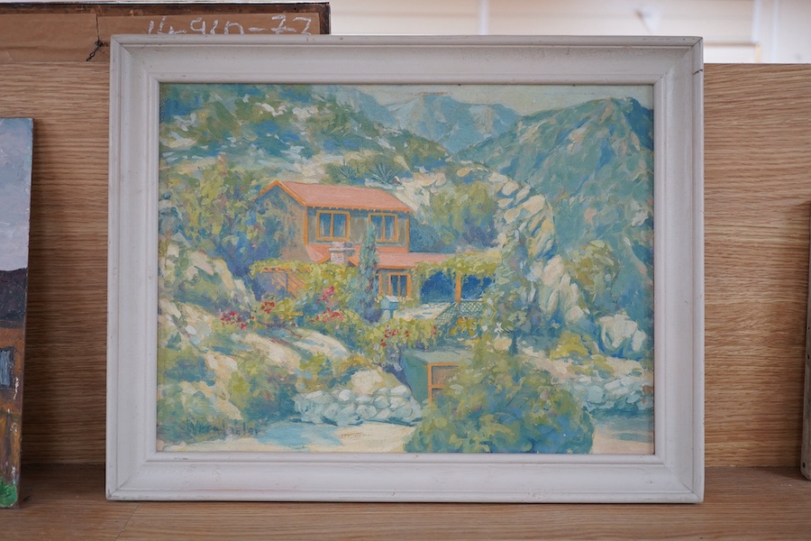 James Wren Lister, (American 1897-1952), oil on board, Garden scene before mountains, Los Angeles, California stamp verso, 28 x 38cm. Condition - good